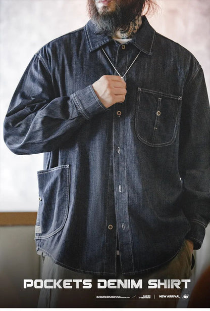 Maden Vintage Washed Pockets Denim Shirt for Men Casual Button Down Long Sleeve Shirt Male Loose Workwear Tops Large Pocket