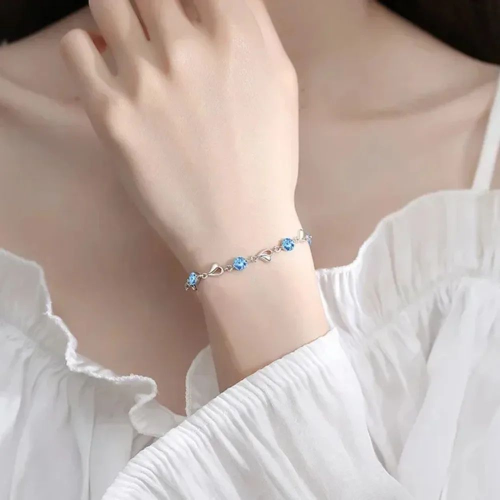 925 Sterling Silver Heart Shaped Necklace Bracelet Set for Women Vintage Korean Crystal Bracelets High Quality Set Party Jewelry