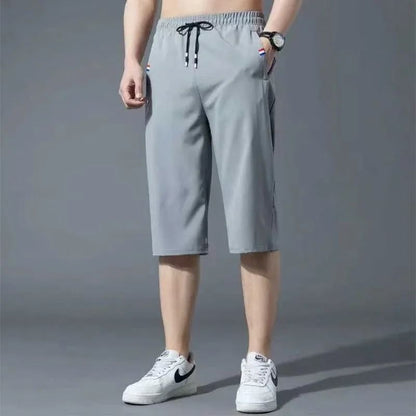 Sport Loose Over Silk Knee Length Pants 2025 Men New Summer Thin Shorts Male Casual Quick Dry Ice Silk Zipper Pocket Capri Pants