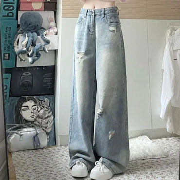 High Waist Wide Leg Straight Cut Jeans Women's Light Wear Distressed Design plus Size Pear Shape Hole Denim Pants
