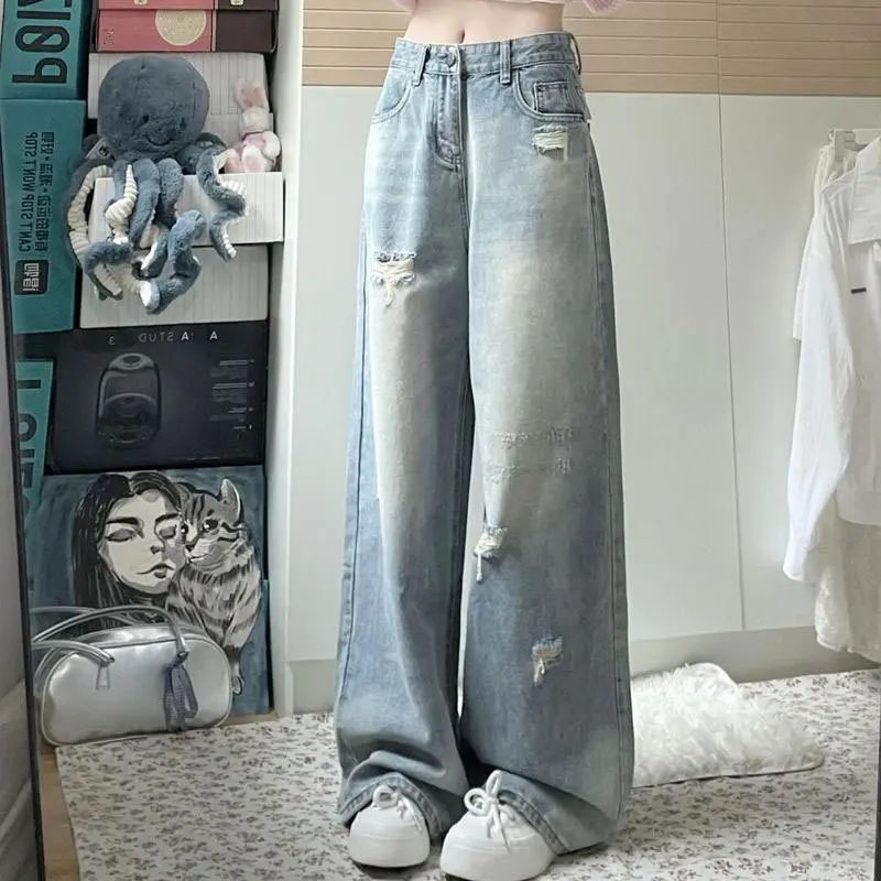 High Waist Wide Leg Straight Cut Jeans Women's Light Wear Distressed Design plus Size Pear Shape Hole Denim Pants