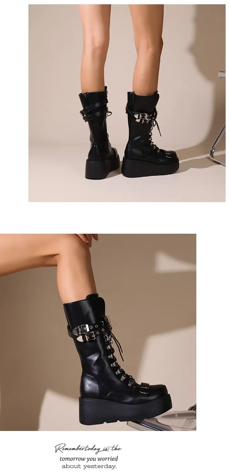 Platform Boots Riveted Buckle Wedges High Women's Boots Punk Spice Chic Biker Rider Boots