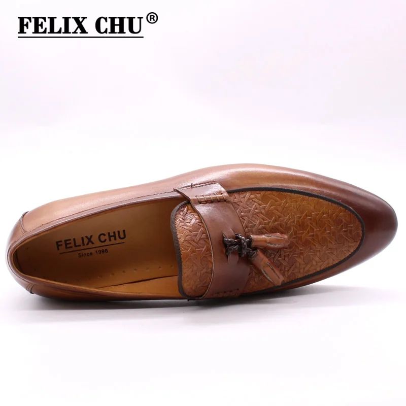 FELIX CHU Men's Genuine Leather Tassel Loafers Italian Luxury Fashion Slip-On Dress Shoes for Parties Weddings Casual Wear