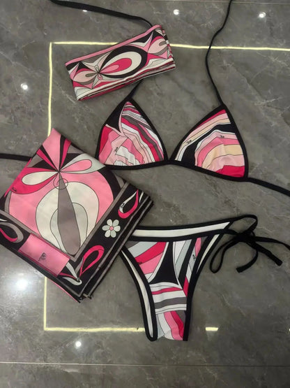 Melphieer Inspired 2025 colorful bikini women scarf swimwear sarong swimsuit headband beachwear striped bathing suit