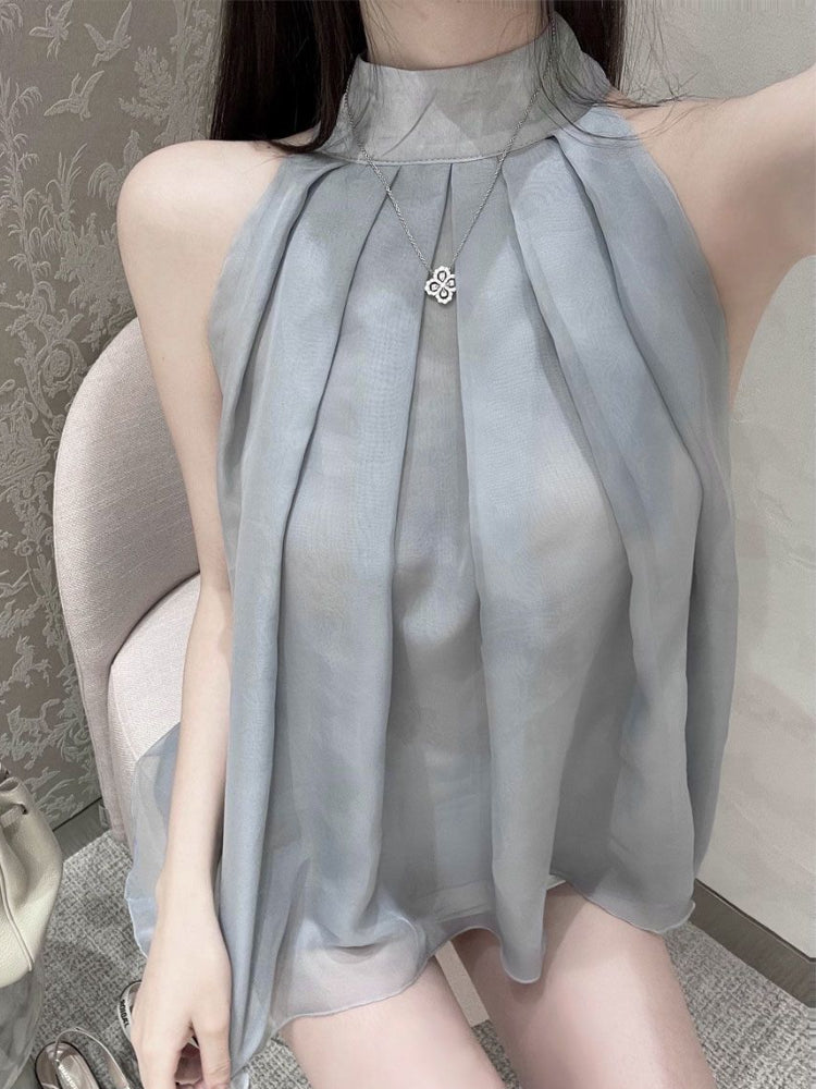 Blouses Women Sleeveless Solid Temperament Loose Tender Summer Casual Folds Design Thin Stand Collar Fashion Streetwear Ulzzang