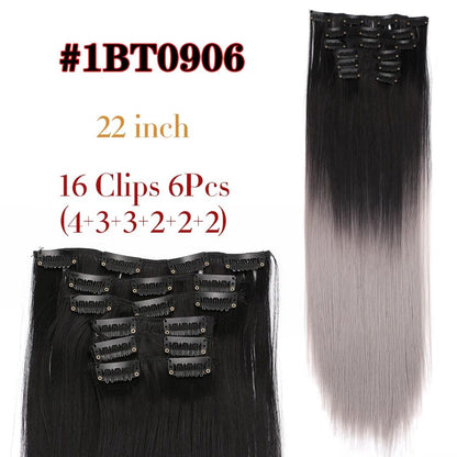 22 Polegadas Sintético Cabelo Liso Longo 16 Clipes 6 Peças/Conjunto Apliques de Cabelo Loiro Preto Resistente ao Calor Para Mulheres