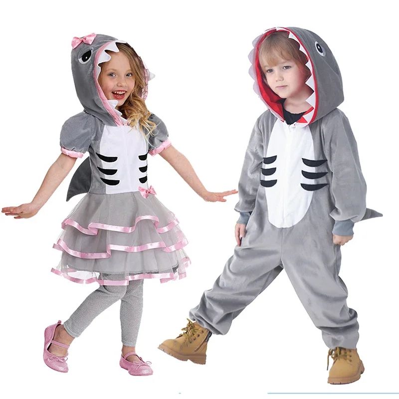 Shark Costume Boys Girls Grey Shark Cosplay Ocean Animal Theme Party Halloween Carnival Dress Kids Game Play Stage Performance