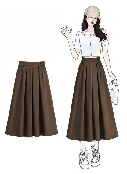 Solid Color Versatile Medium Length Skirt Pleated Plus Size A-Line Maxi Gown Cover Hip Spring Summer 2025 New Half-length Skirt