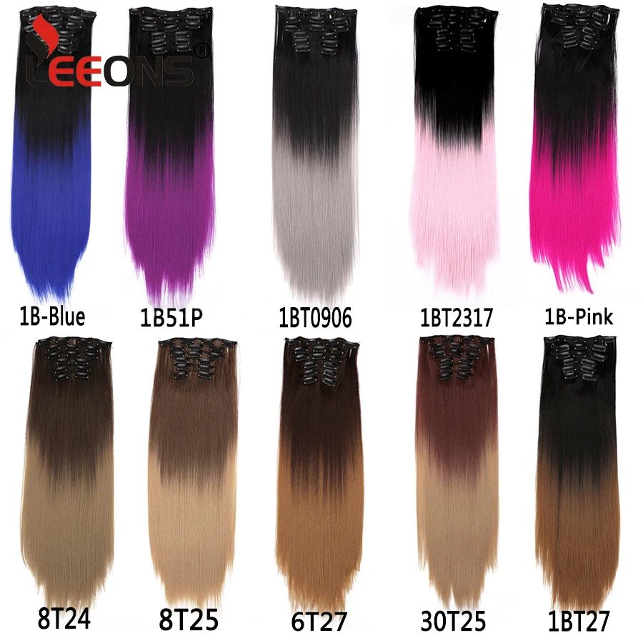 22 Polegadas Sintético Cabelo Liso Longo 16 Clipes 6 Peças/Conjunto Apliques de Cabelo Loiro Preto Resistente ao Calor Para Mulheres