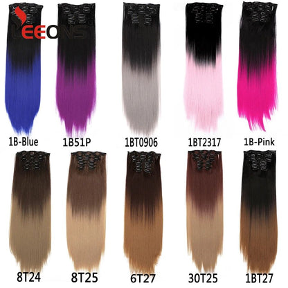 22 Polegadas Sintético Cabelo Liso Longo 16 Clipes 6 Peças/Conjunto Apliques de Cabelo Loiro Preto Resistente ao Calor Para Mulheres