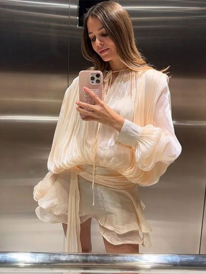 Elegant Ruffles Shiny Mini Dresses Fashion Solid Long Sleeve Lace Up V Neck Plea