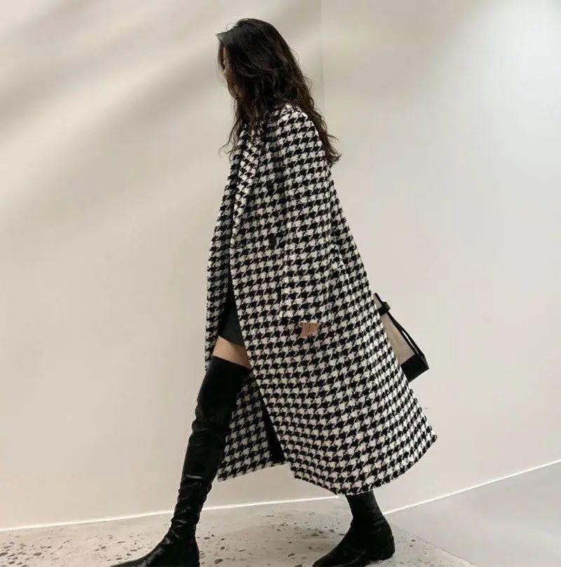 Women Autumn Winter Woolen Coat 2025 New Women Double Breasted Coat Korean Houndstooth Mid-Length Woolen Coat Lady Winter Jacket