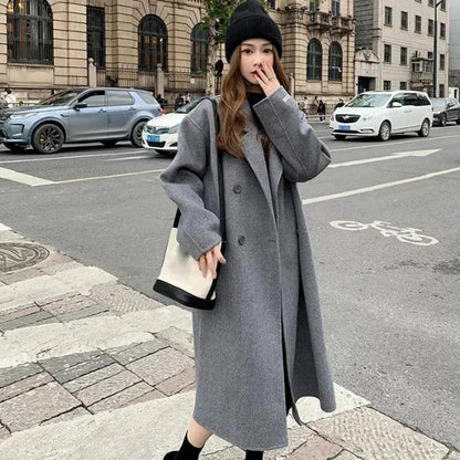 2024 New Winter Lady Lazy Style Baggy Mid-Long Thermal Woolen Coat Female Korean Version Concise Designer Versatile Coat Jackets