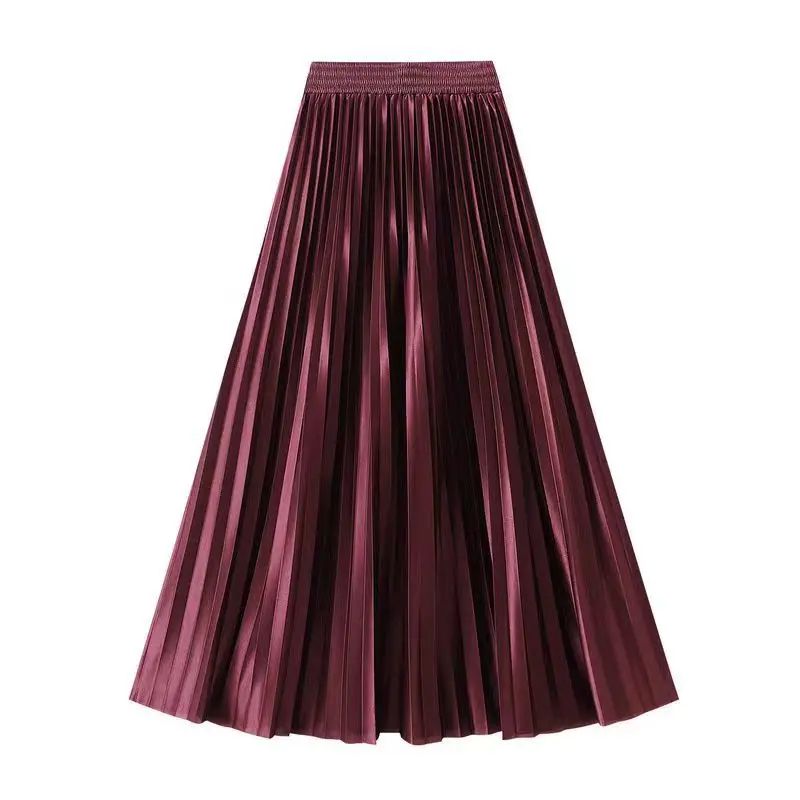 High Waist Satin Pleated Skirt 1 Meter Long Floor Length Pearl Glitter A- Line Umbrella Half Body Skirts Polyester Fiber