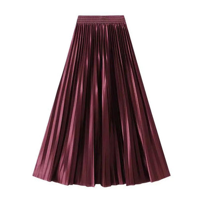 High Waist Satin Pleated Skirt 1 Meter Long Floor Length Pearl Glitter A- Line Umbrella Half Body Skirts Polyester Fiber