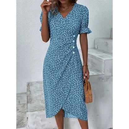 Elegant Floral Pleated H shaped Midi Dress Female V Neck Puff Sleeve Waist Ruche