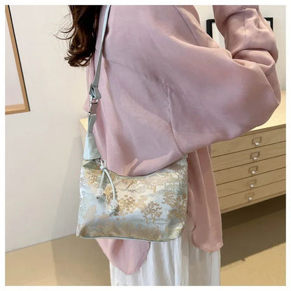 Sweet Embroidery Shoulder Bag Nylon Texture Pearl Pendant Crossbody Bag Small Bucket Handbag Women Canvas Luxury Cheongsam Bag