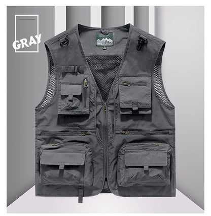Colete Masculino de Malha com Vários Bolsos Secagem Rápida Sem Mangas Jaqueta Repórter Solto Casual Fino para Pesca Colete Masculino