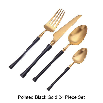 Conjunto de Talheres 24 Peças Aço Inox Fosco Preto Dourado Jogo de Talheres de Mesa Faca Colher Garfo Lavável em Lava-louças