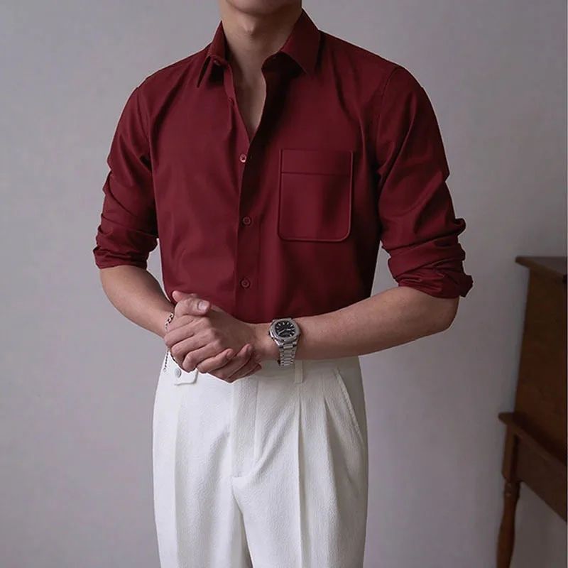 Iron-Free Long Sleeve Silk Smooth Drapey Wedding Shirt for Men Summer Business Formal Wine Red Large Size Men's Clothing