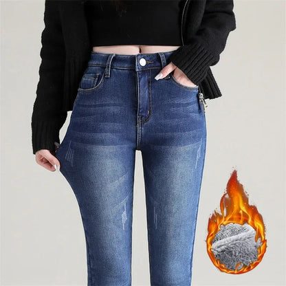Women Thermal Jeans Winter Snow Warm Thickened Fleece Stretch Skinny Pencil Pants Fashion Korean Slim Fit Velvet Plush Pants
