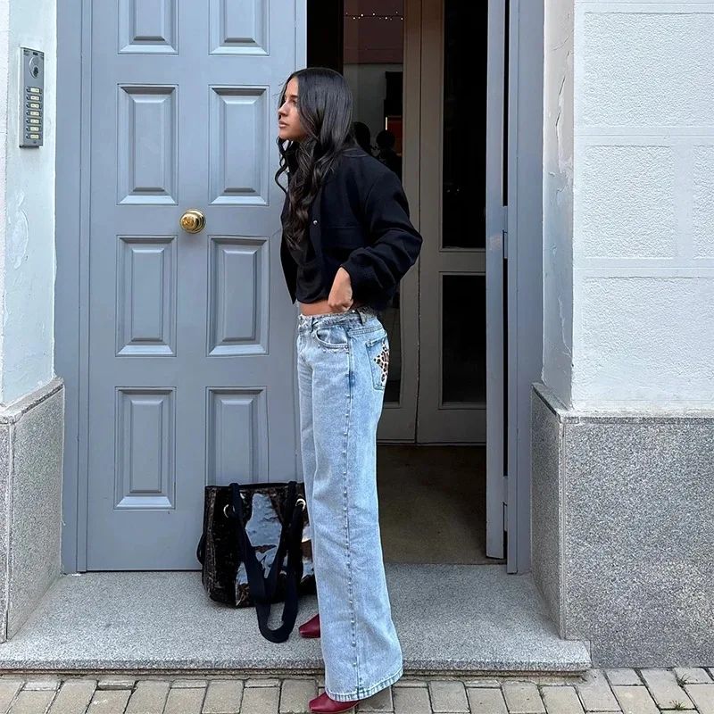 Women Y2K Vintage Jeans Patchwork Leopard Star Pattern Metal Rivet Jeans Female Baggy Casual Straight Leg Pants Women Clothing