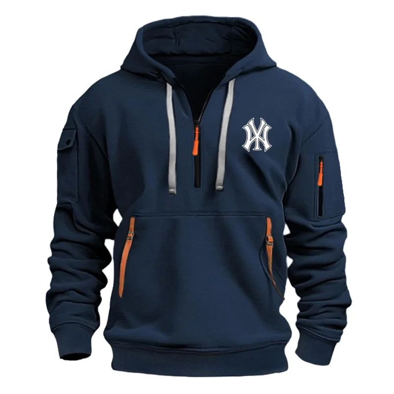 Autumn Long-sleeved Hooded Pullover Men's Zippered Pocket Sweatshirt, Drawstring Sports Men's Casual Hooded Sweatshirt