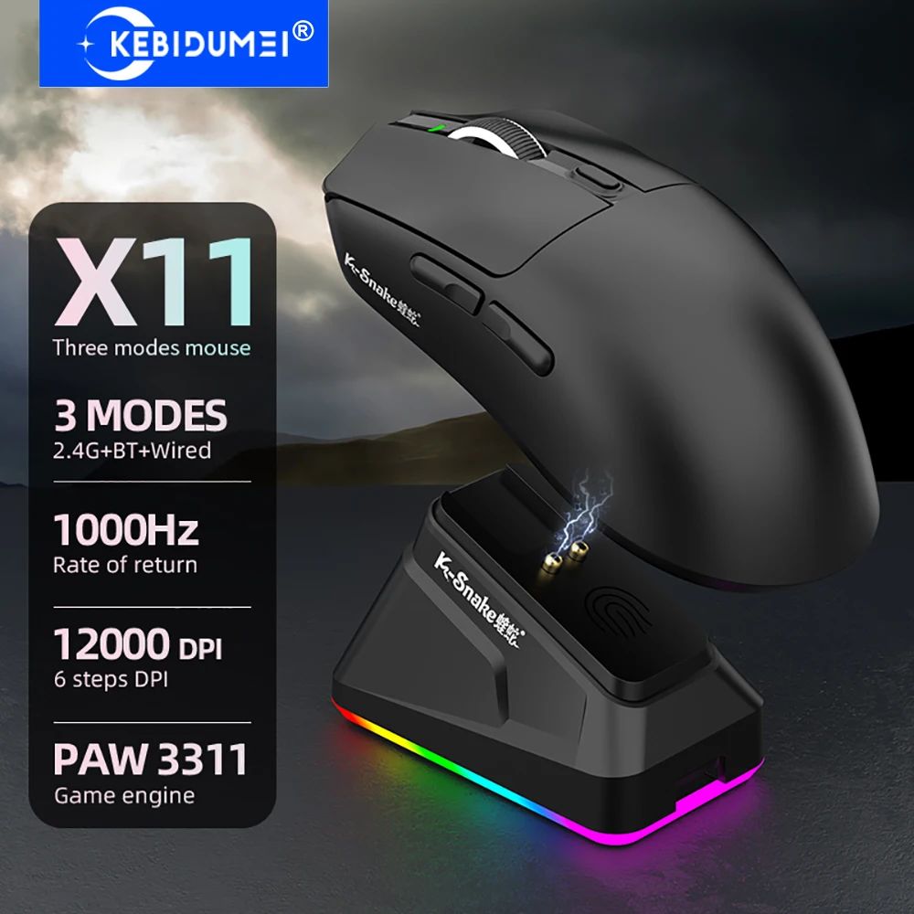 X11 PAW3311 Mouse Sem Fio Tri-Modo Mouse Bluetooth Mouse Gamer 12000 DPI RGB Base de Carregamento Magnético por Toque BT/2.4G/Com Fio