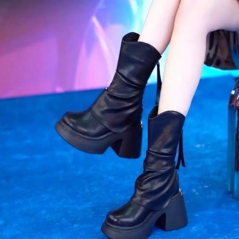 Autumn and winter new waterproof platform thick heeled fashion boots with thick sole height increasing short tube slimming boots