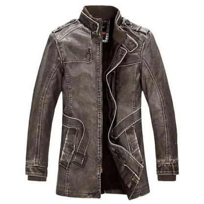 Men Slim Warm Washed Leather Motorcycle Jacket High Quality Leather Jacket Mens Standing Collar Coat Plus Size 4XL Long Parkas