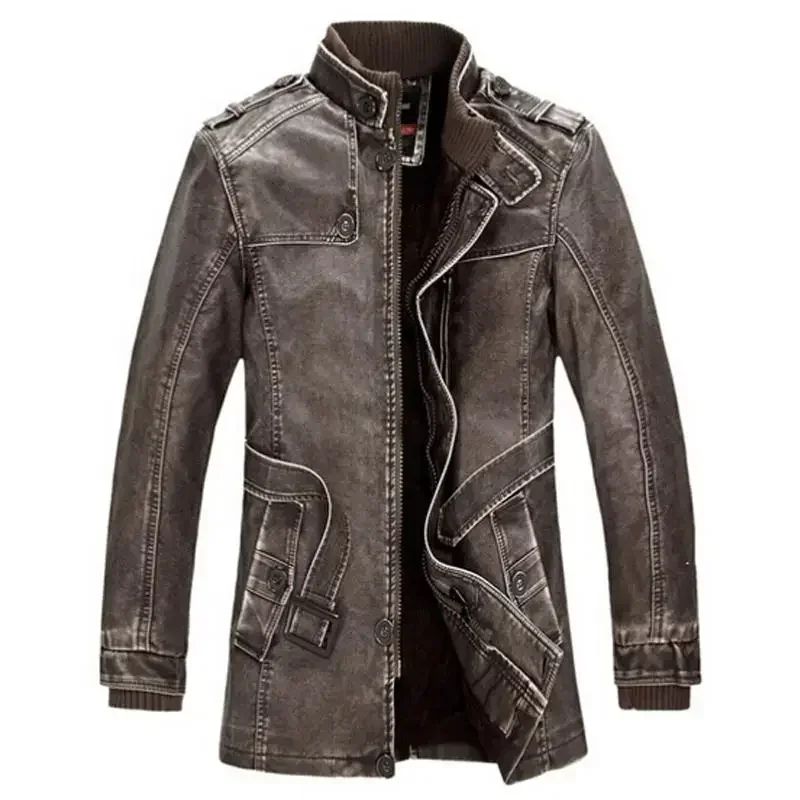 Men Slim Warm Washed Leather Motorcycle Jacket High Quality Leather Jacket Mens Standing Collar Coat Plus Size 4XL Long Parkas