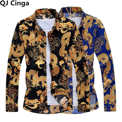 Thin Black Men's Long-sleeved Printed Shirt, Chinese Dragon Print Decoration, Blue Single-breasted Lapel Shirts,Asian Size M-7XL