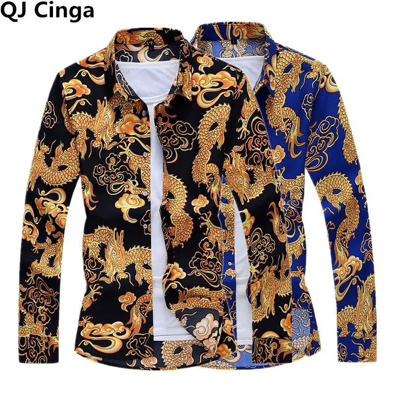Thin Black Men's Long-sleeved Printed Shirt, Chinese Dragon Print Decoration, Blue Single-breasted Lapel Shirts,Asian Size M-7XL