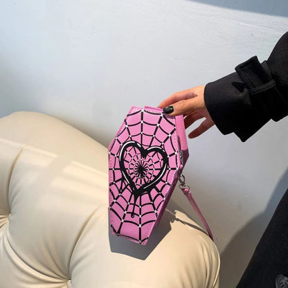 Women Fashion Shoulder Bag Large Capacity Coffin Shaped Casual Satchel Bag Adjustable Strap Spider Web PU Leather Chic Hobo Bag