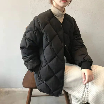 Winter Cotton-Padded Jacket for Women  Autumn New Korean Versatile Lightweight Rhombus Plaid Cotton-Padded Jacket