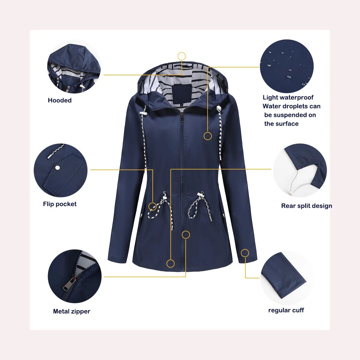 Blue Waterproof Hooded Jacket Women Fashion Casual Coat Waist Drawstring Tie Zipper Switch Red Green Yellow Black Windbreaker