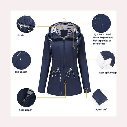 Blue Waterproof Hooded Jacket Women Fashion Casual Coat Waist Drawstring Tie Zipper Switch Red Green Yellow Black Windbreaker