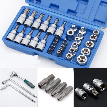 Conjunto de Soquetes Torx e E-Torx de 34 Peças, Encaixe de 1/4", 3/8", 1/2", Pontas Macho e Fêmea de Segurança E-torx, Ferramenta Manual