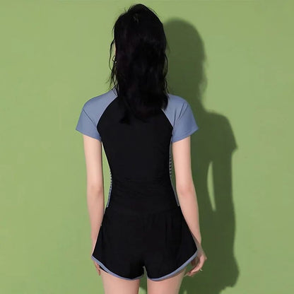 Sporty Two-Piece Swimsuit Short Sleeve plus Size Concealing Conservative Flat Footwear for Hot Springs Swimming Costume