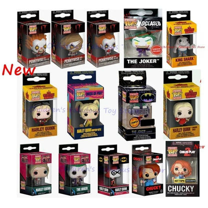 Mais Novos Funko Chaveiros de Bolso série Coringa Arlequina Patins Pennywise Chucky Coringa Chaveiros Bonecos de Ação Brinquedos