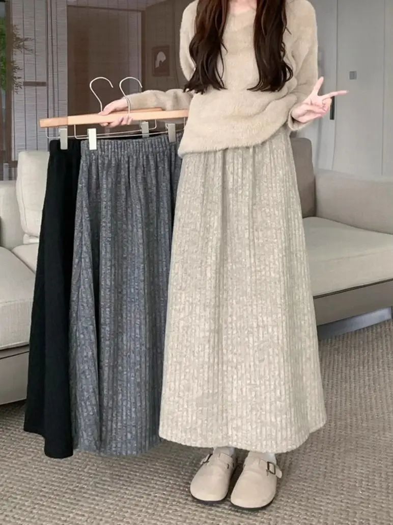 Plus Size Women's Fleece-Lined Thickened Skirt High-Waisted Slimming Medium-Length A- Line Korean Style New Arrival For Autumn/W