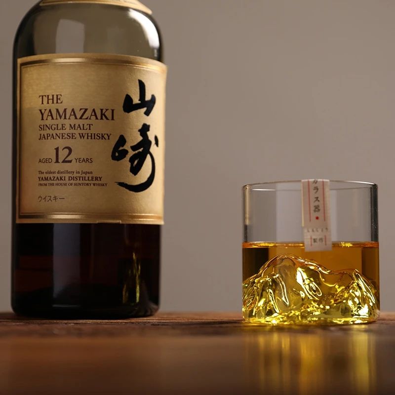 Conjunto de Copos de Uísque de Montanha Glacial 3D Japonesa - Copos Baixos & para Pedras com Caixa de Presente de Madeira para Uísque, Vodka, Vinho