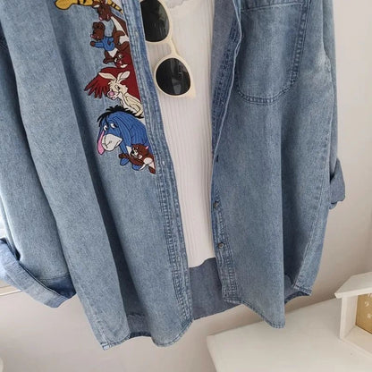 Plus Size 300 Pounds Fat MM Cartoon Embroidery Washed Denim Polo Collar Loose Meat Covering Women's Shirt Autumn Outerwear