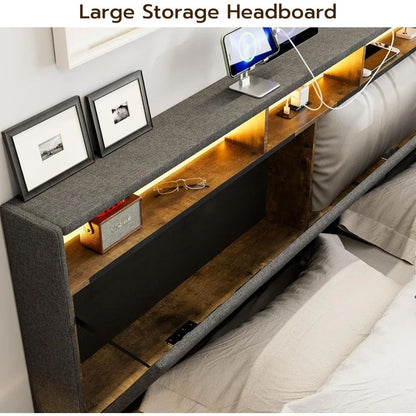 King Bed Frame with Charging Station Storage Headboard Upholstered Linen Button Tufted LED Platform Bed with 4 Drawers