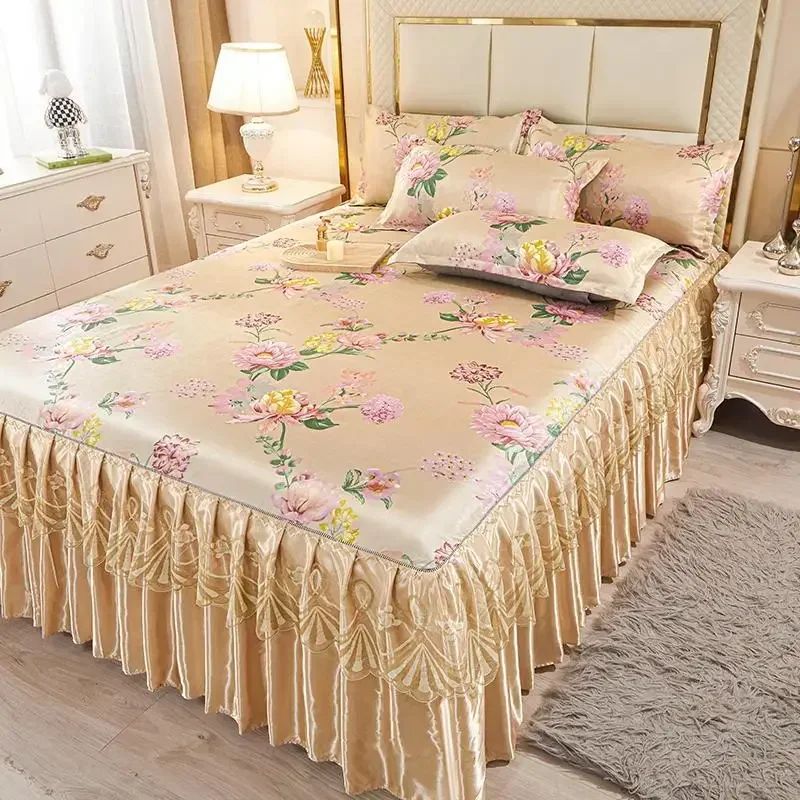 Kit 3 Peças de Lençol de Casal com Renda Clássica Azul Royal, Saia para Cama, Colcha de Casamento Lavável à Máquina, Capa de Colchão