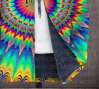 Men's Retro Print Plush Thick Long-Sleeved Coat Cardigan Psychedelic 3D Prined Fleece Hooded Overcoat Unisex Thick Warm Jacket