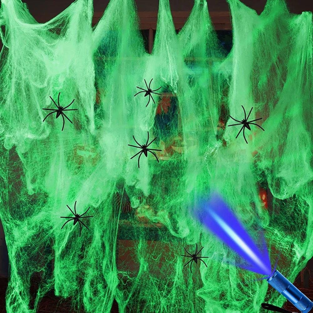 Runtow Luminous Spider Web & 50pcs Black Spider , Halloween Party Decorations,Outdoor Horror Haunted House Decoration Props