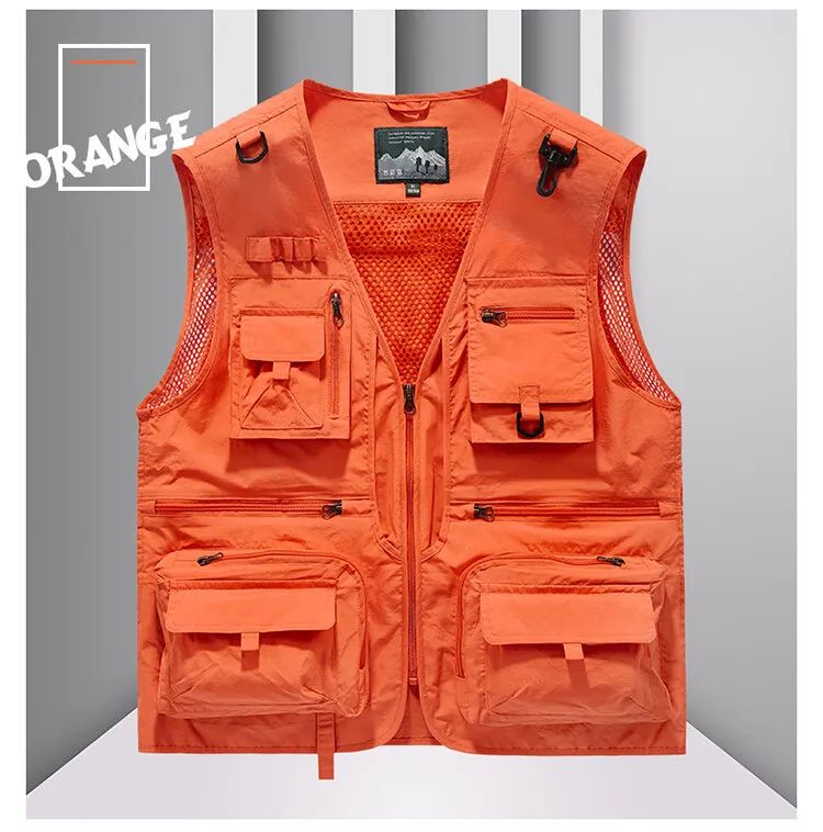 Colete Masculino de Malha com Vários Bolsos Secagem Rápida Sem Mangas Jaqueta Repórter Solto Casual Fino para Pesca Colete Masculino