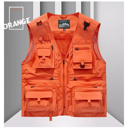 Colete Masculino de Malha com Vários Bolsos Secagem Rápida Sem Mangas Jaqueta Repórter Solto Casual Fino para Pesca Colete Masculino