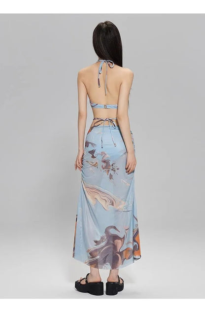 2024 New Three-Piece Bikini Set Beach Vacation Hot Spring Trip Slimming Long Skirt Separate Swimsuit Meat Concealing Photography